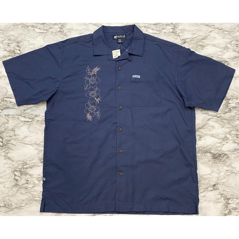 Big Dogs Authentic Mens Shirt Size XL Blue Short Sleeve Embroidered Flowers NWT